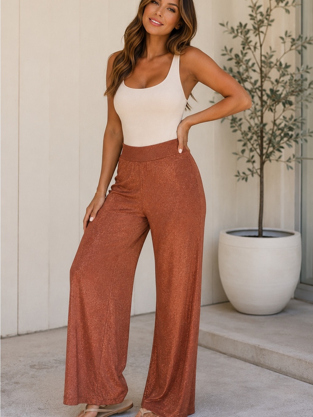 Anthropologie Large Copper Metallic Shimmer Wide Leg Pants Lounge Stretchy